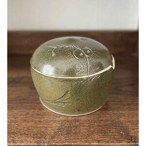 Vintage 1980 Signed Studio Art Pottery Owl Lidded Jar Olive Green Speckled Glaze